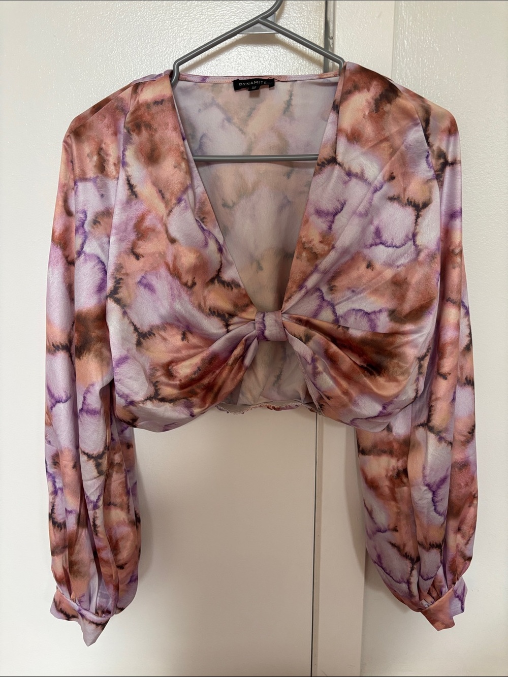 DYNAMITE Lilac and Brown Tie-Front Long Sleeve Blouse
